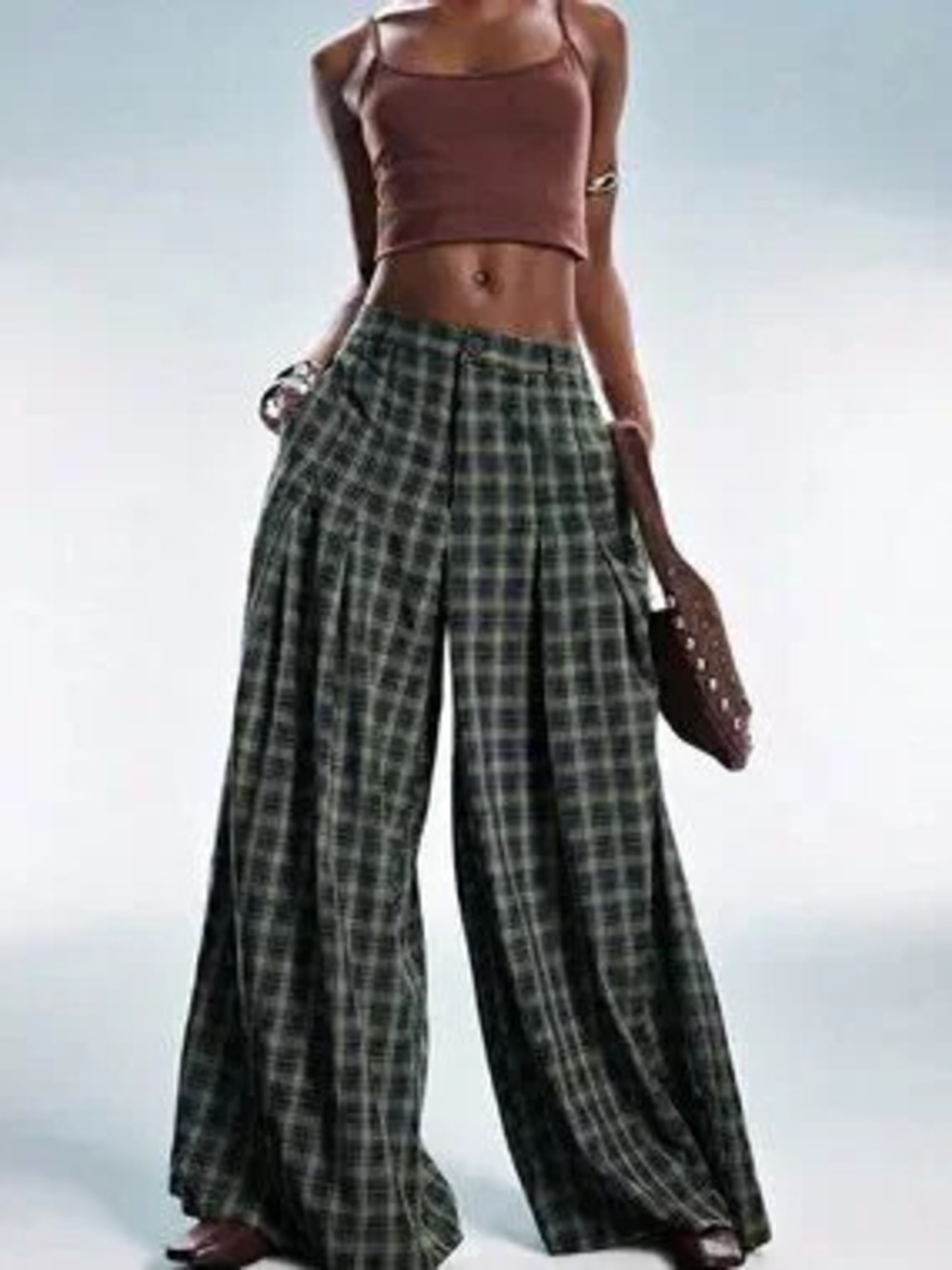 Green Casual Women's Plaid Regular Fit Loose Wide Leg Long Pants